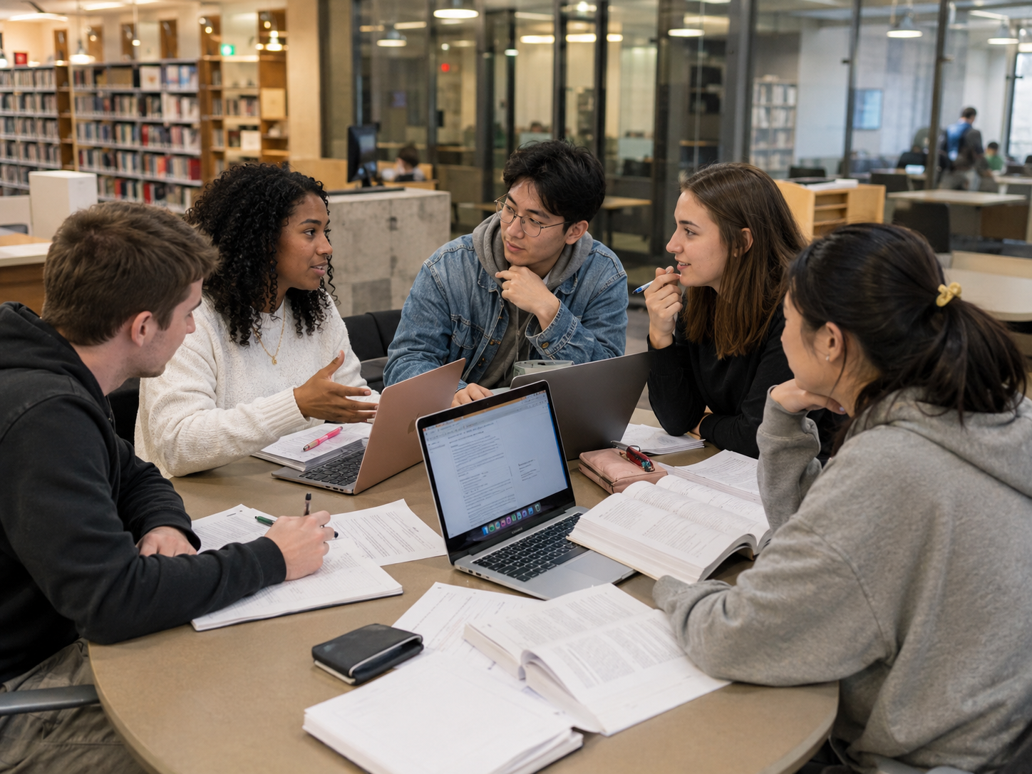 Students studying together around a library table